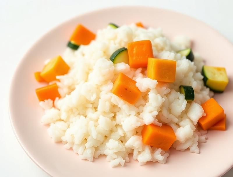 Arroz blanco muy pasado con verduras blandas