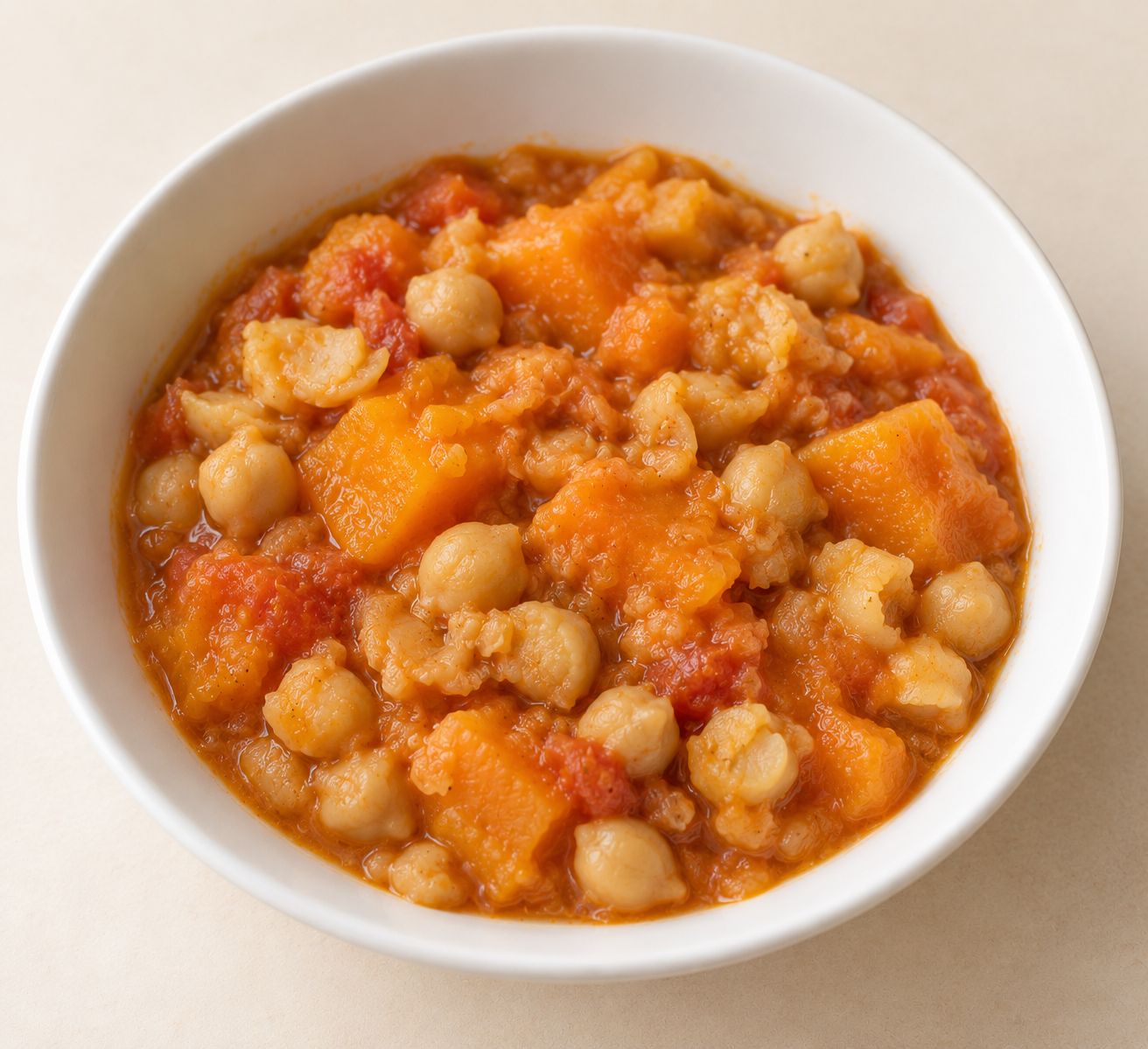 Guiso suave de garbanzos, calabaza y tomate