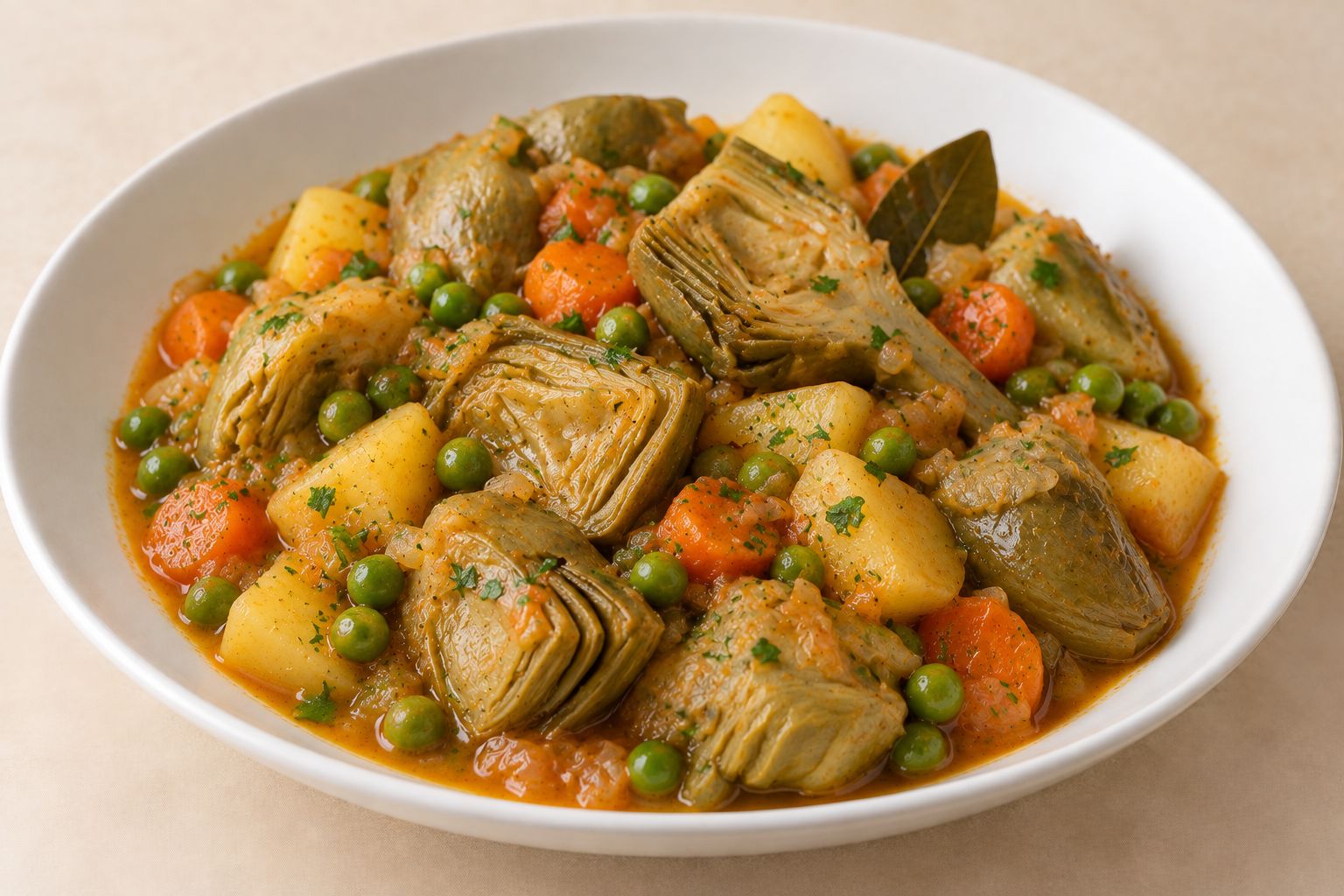 Alcachofas guisadas con patata y guisantes