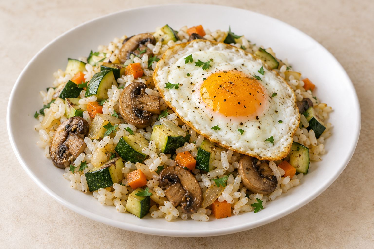 Arroz con calabacín, champiñones y huevo