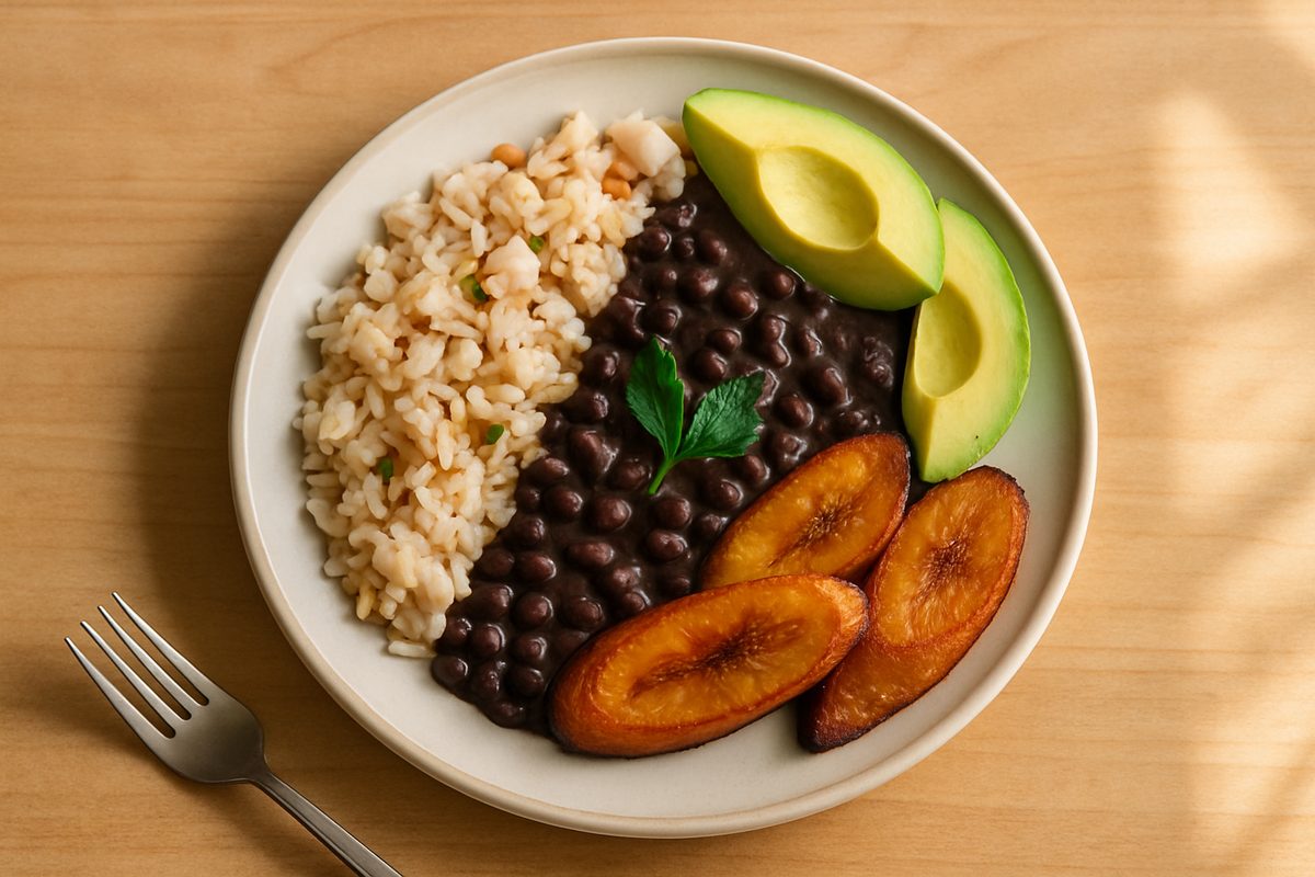 Arroz con frijoles y plátano macho
