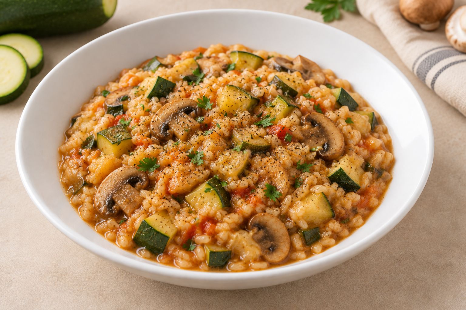 Arroz meloso con calabacín y champiñones