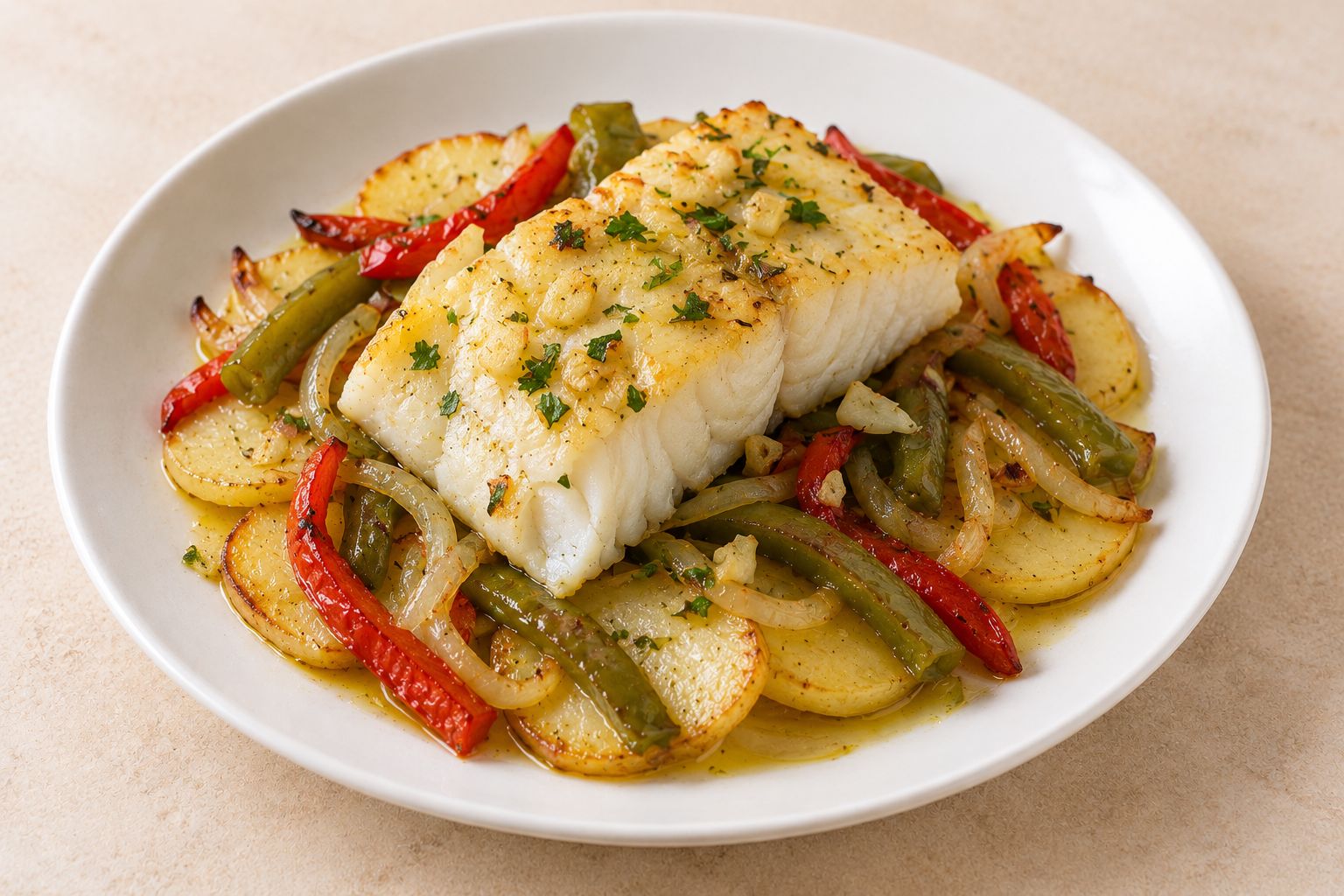 Bacalao al horno con patatas y pimientos