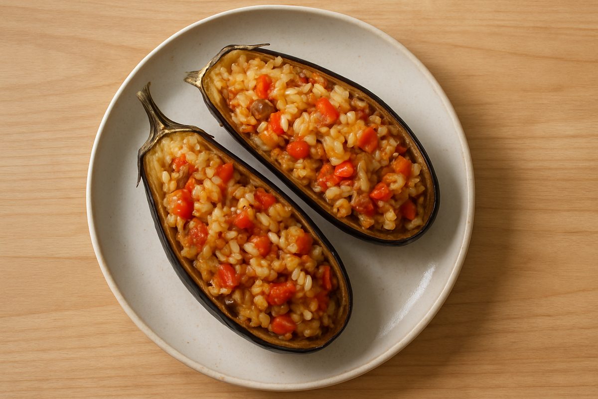 Berenjenas rellenas de verduras y arroz