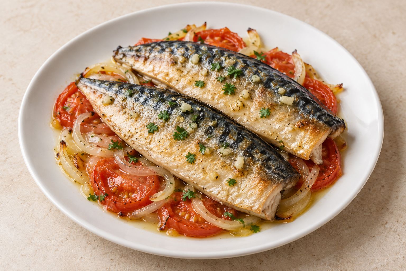Caballa al horno con tomate y cebolla