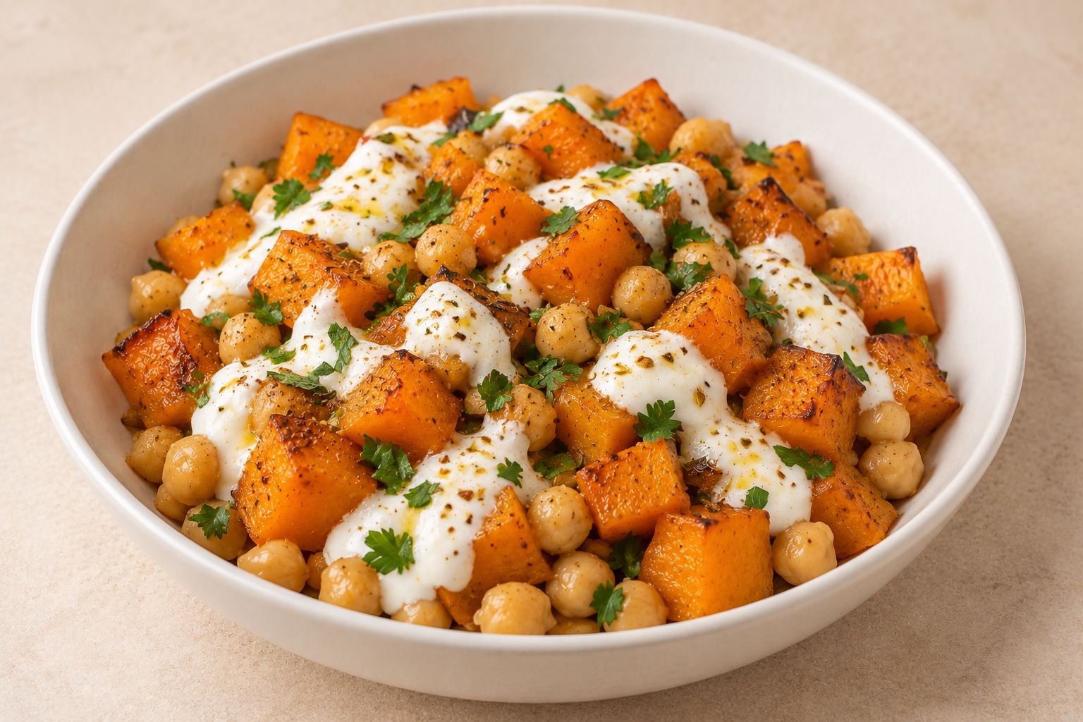 Calabaza asada con garbanzos y yogur