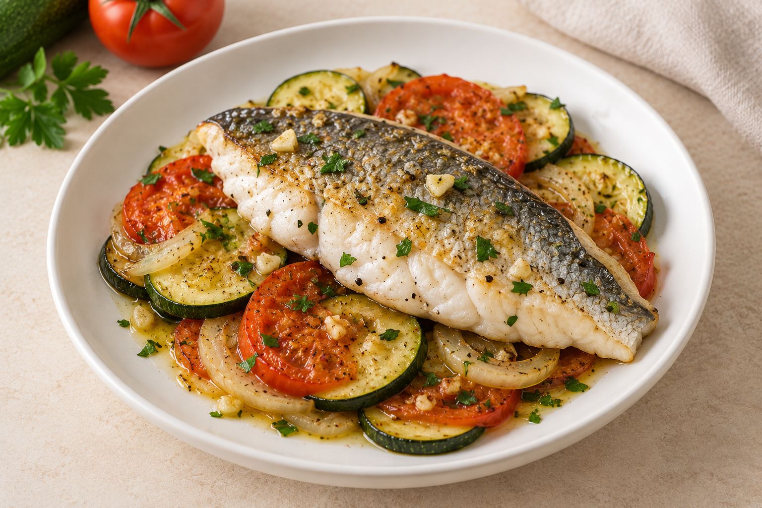 Dorada al horno con calabacín y tomate