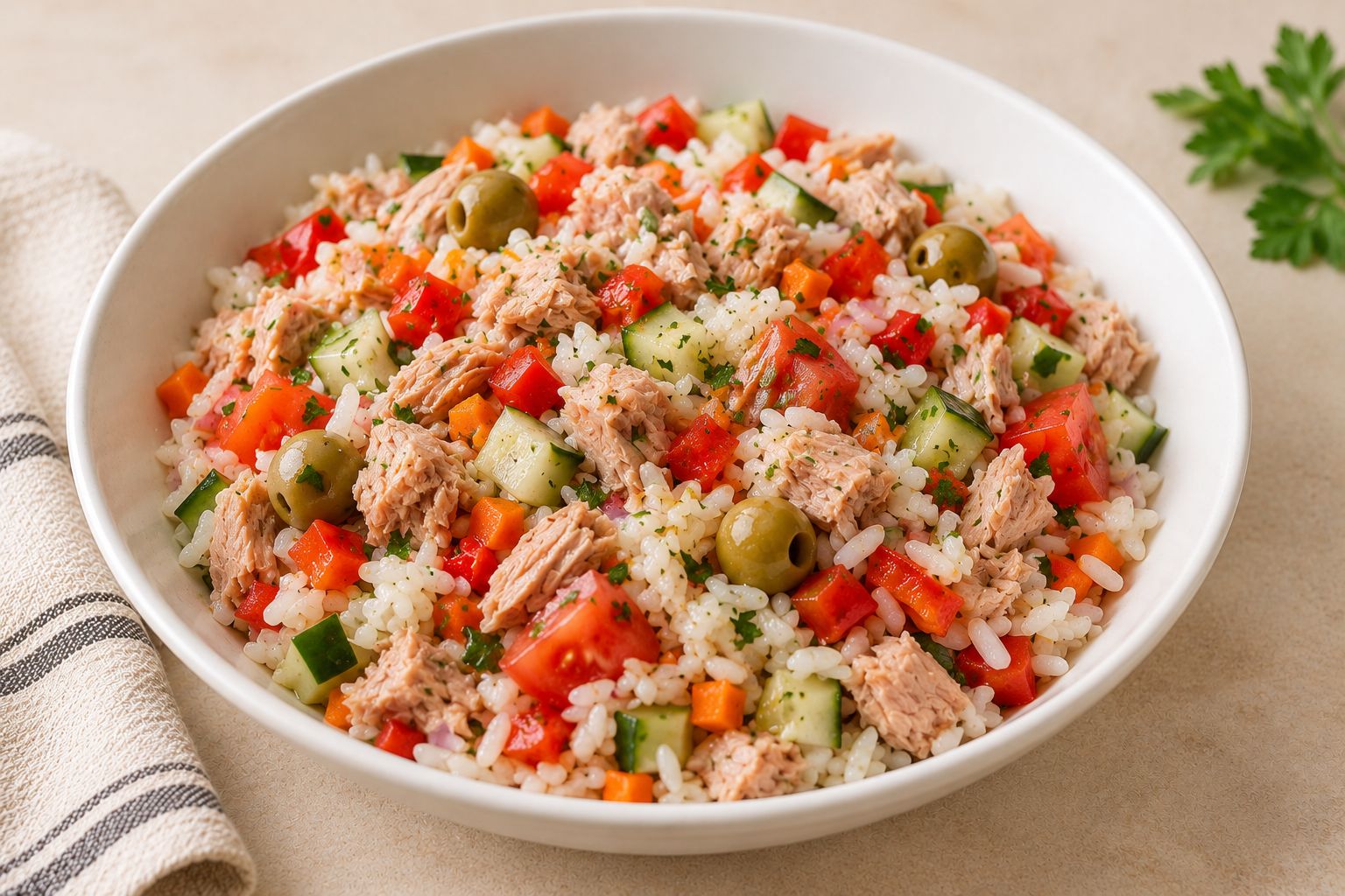Ensalada de arroz con atún y verduras