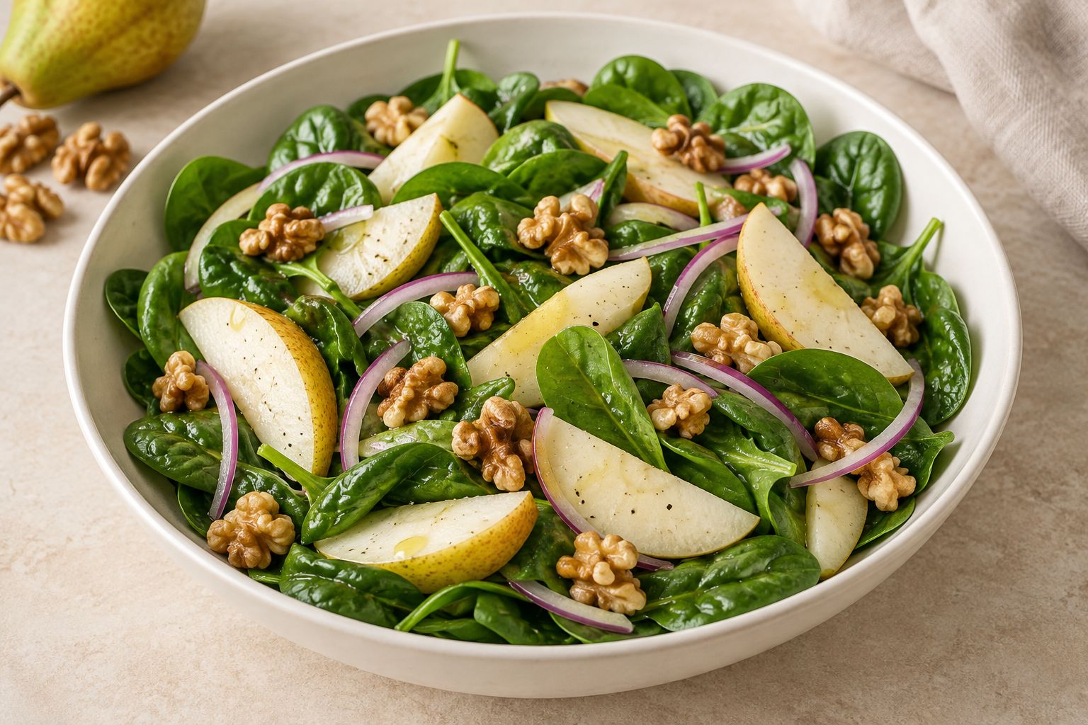 Ensalada de espinacas, pera y nueces
