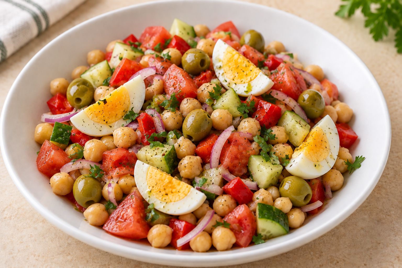 Ensalada de garbanzos con tomate y huevo