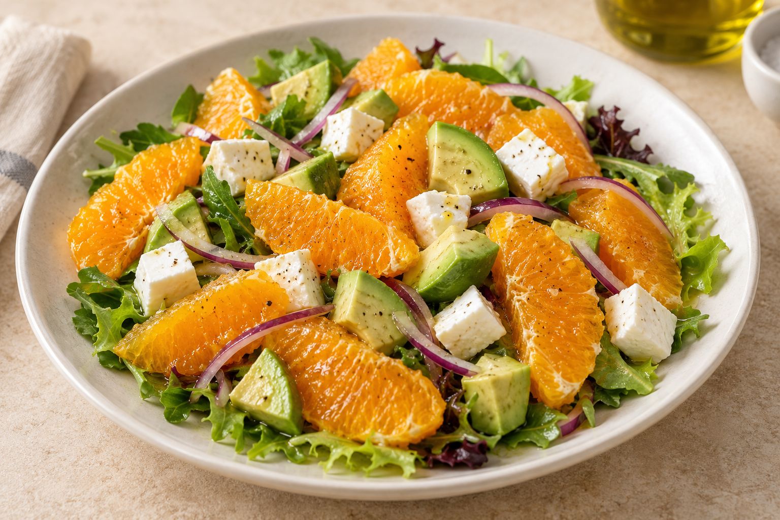 Ensalada de naranja, aguacate y queso fresco