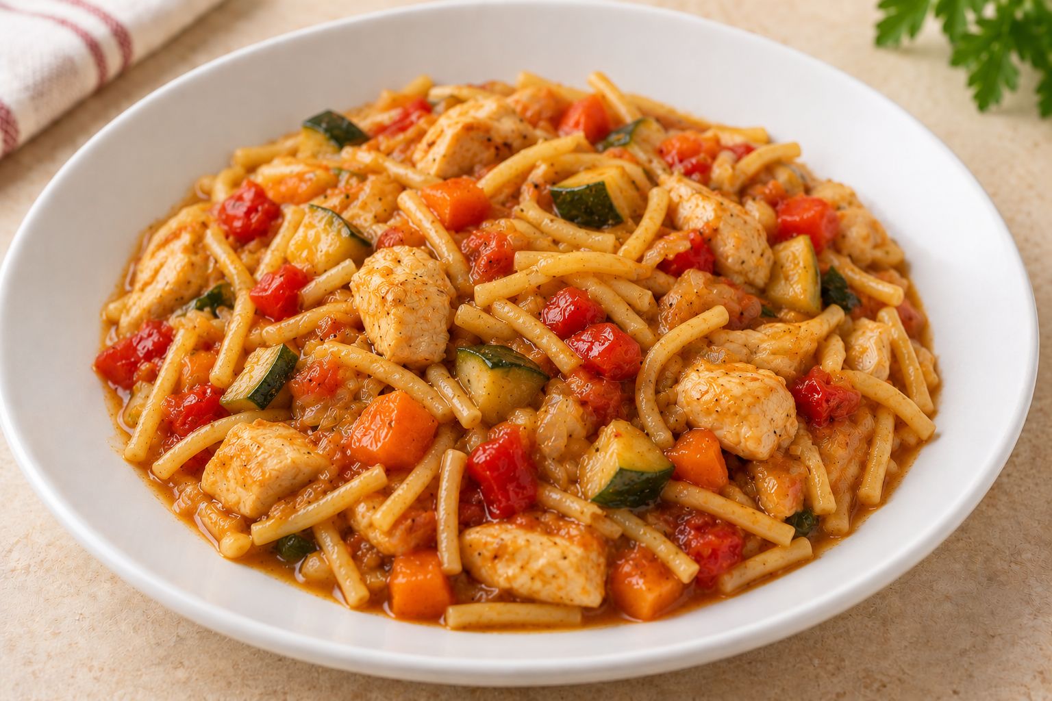 Fideos a la cazuela con pollo y verduras