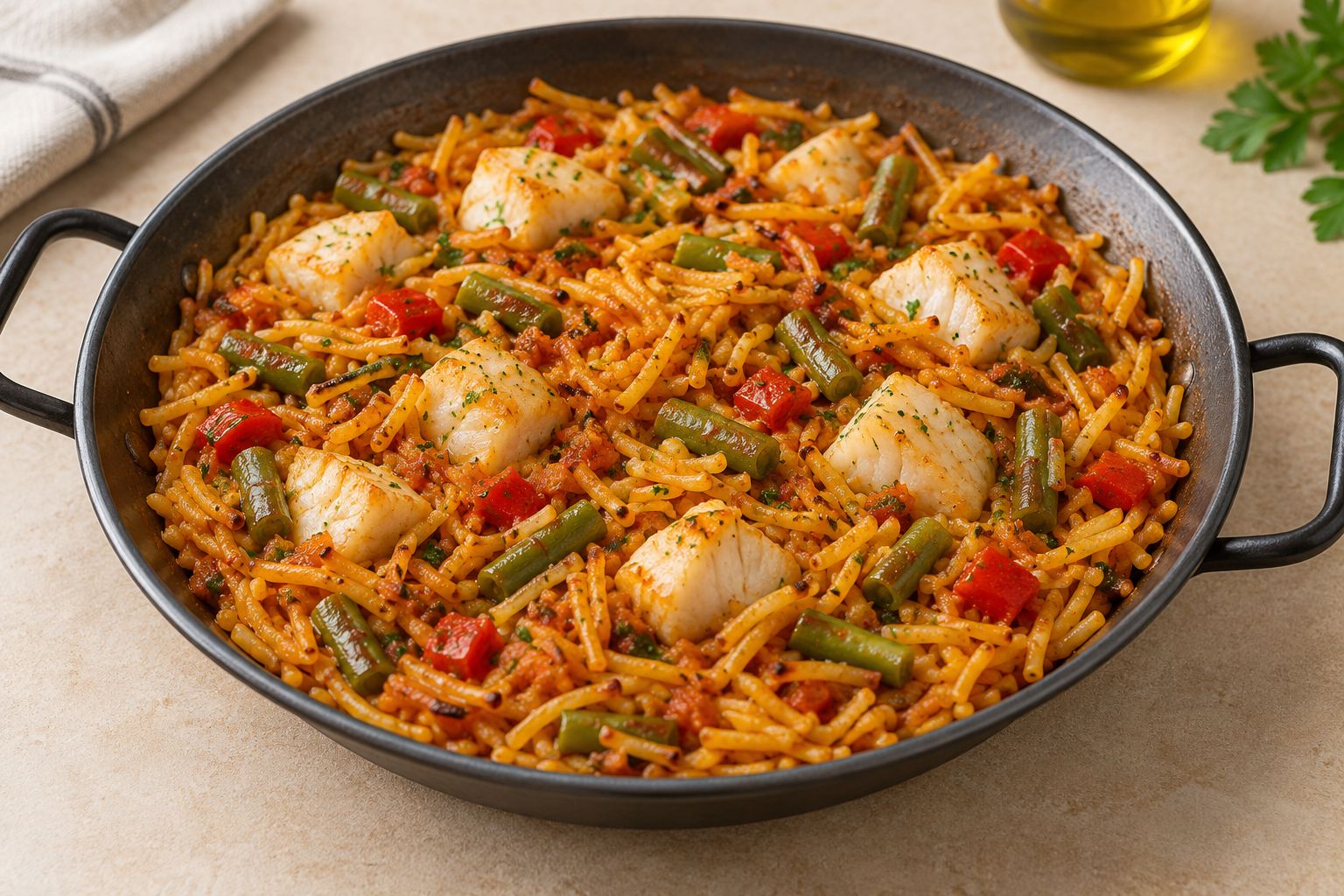 Fideuá de pescado y verduras