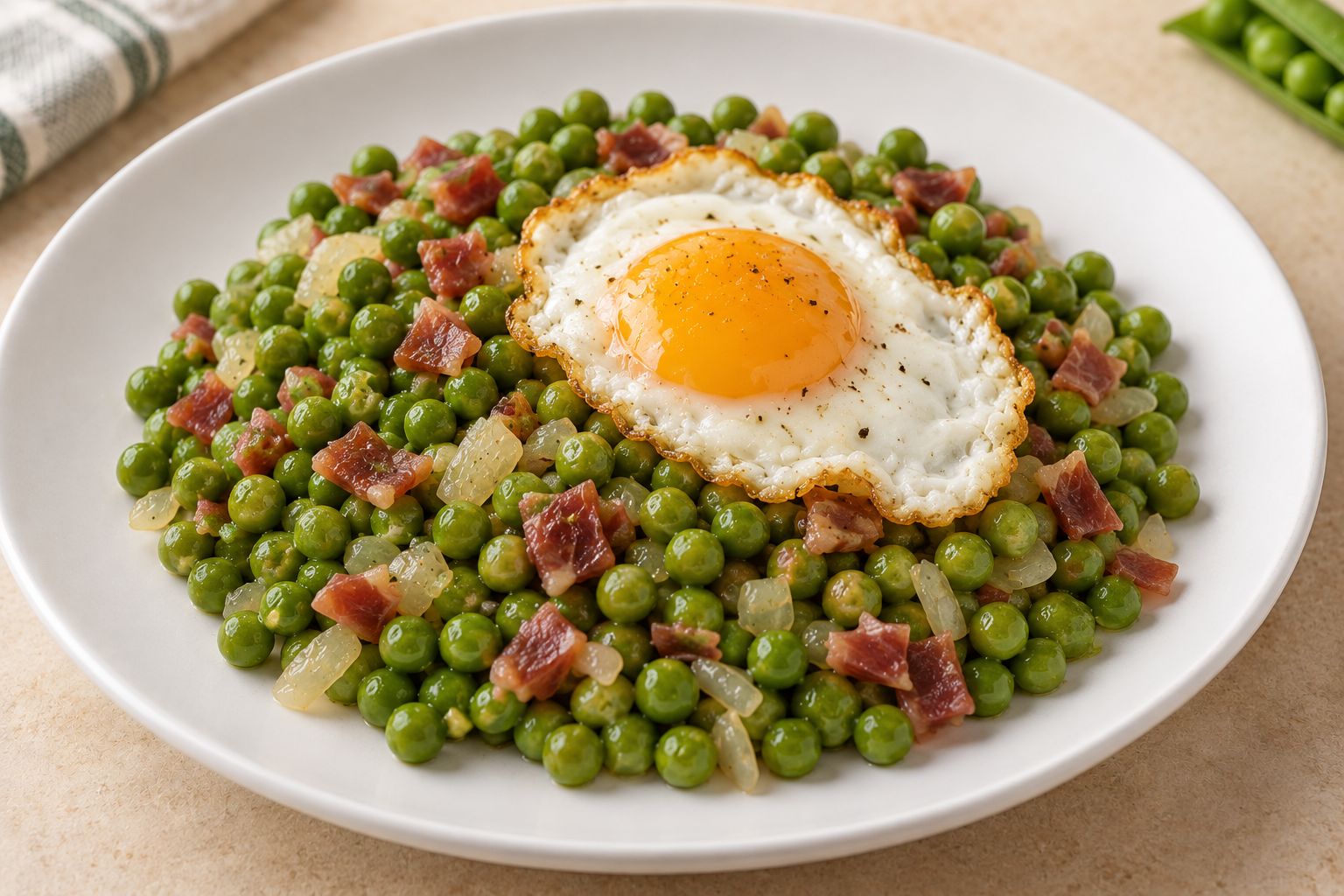 Guisantes con jamón y huevo