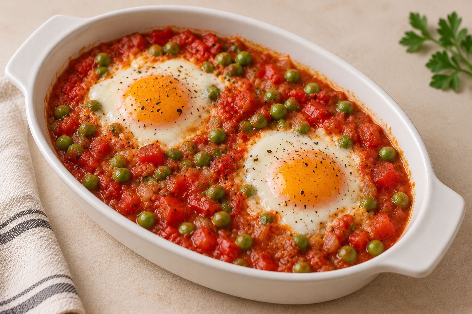 Huevos al plato con tomate y guisantes
