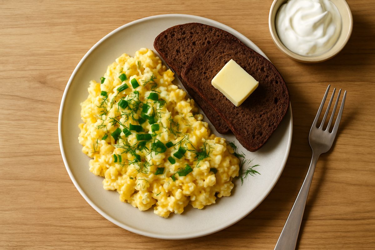 Huevos revueltos con eneldo y pan negro