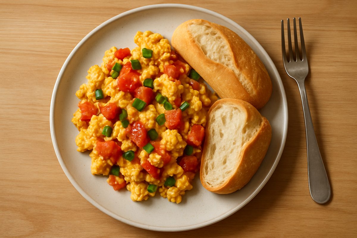 Huevos revueltos con tomate y verdeo
