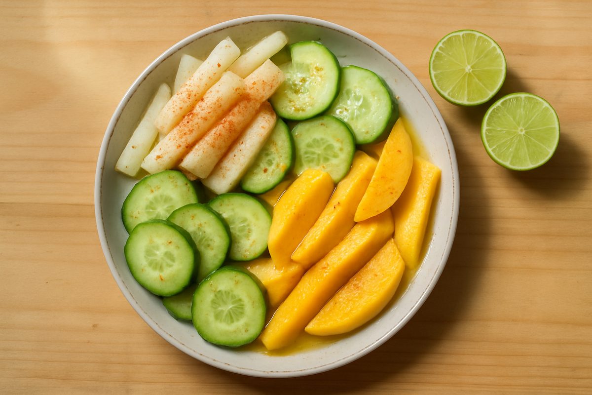 Jícama, pepino y mango con limón y chile