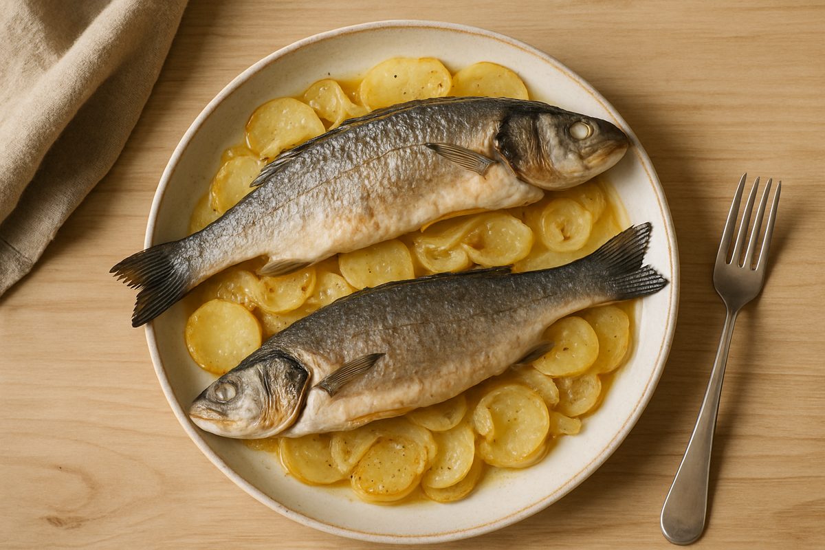 Lubina al horno con patatas panadera