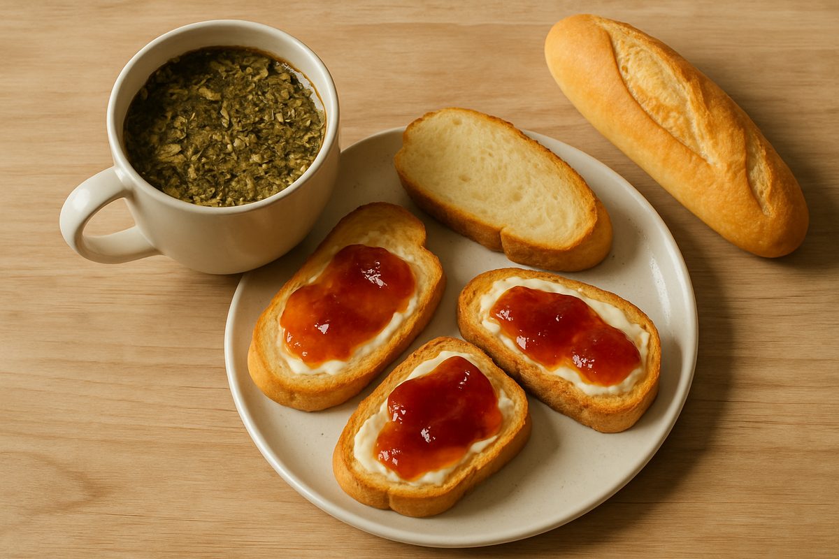 Mate cocido con tostadas de queso y mermelada