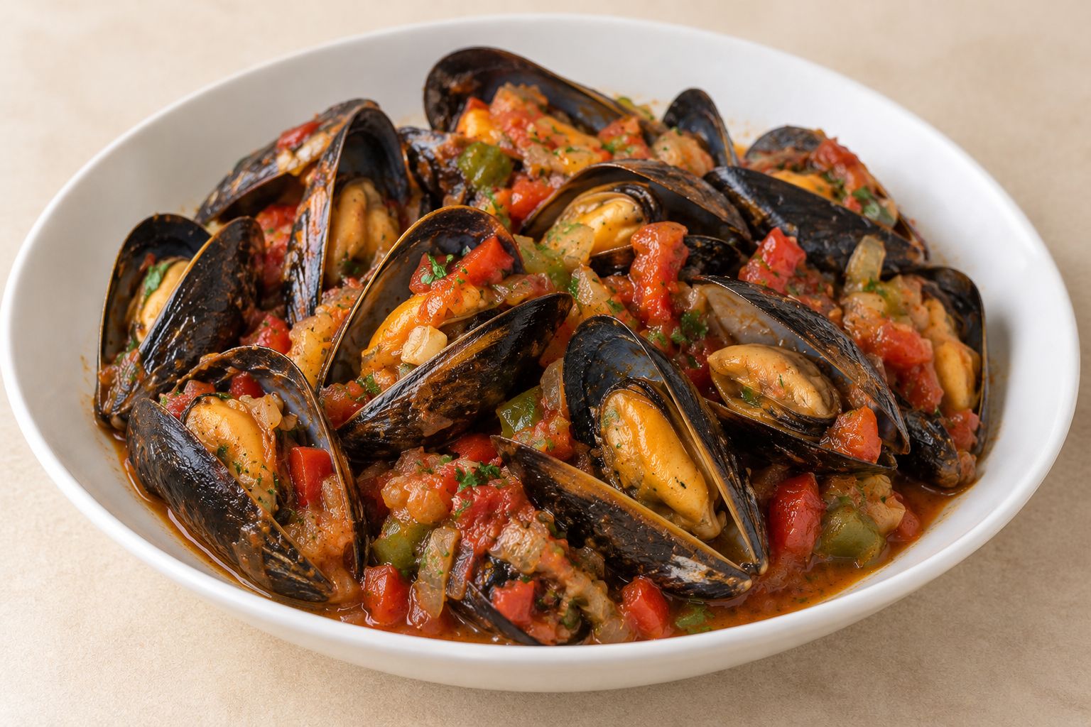 Mejillones con tomate y verduras