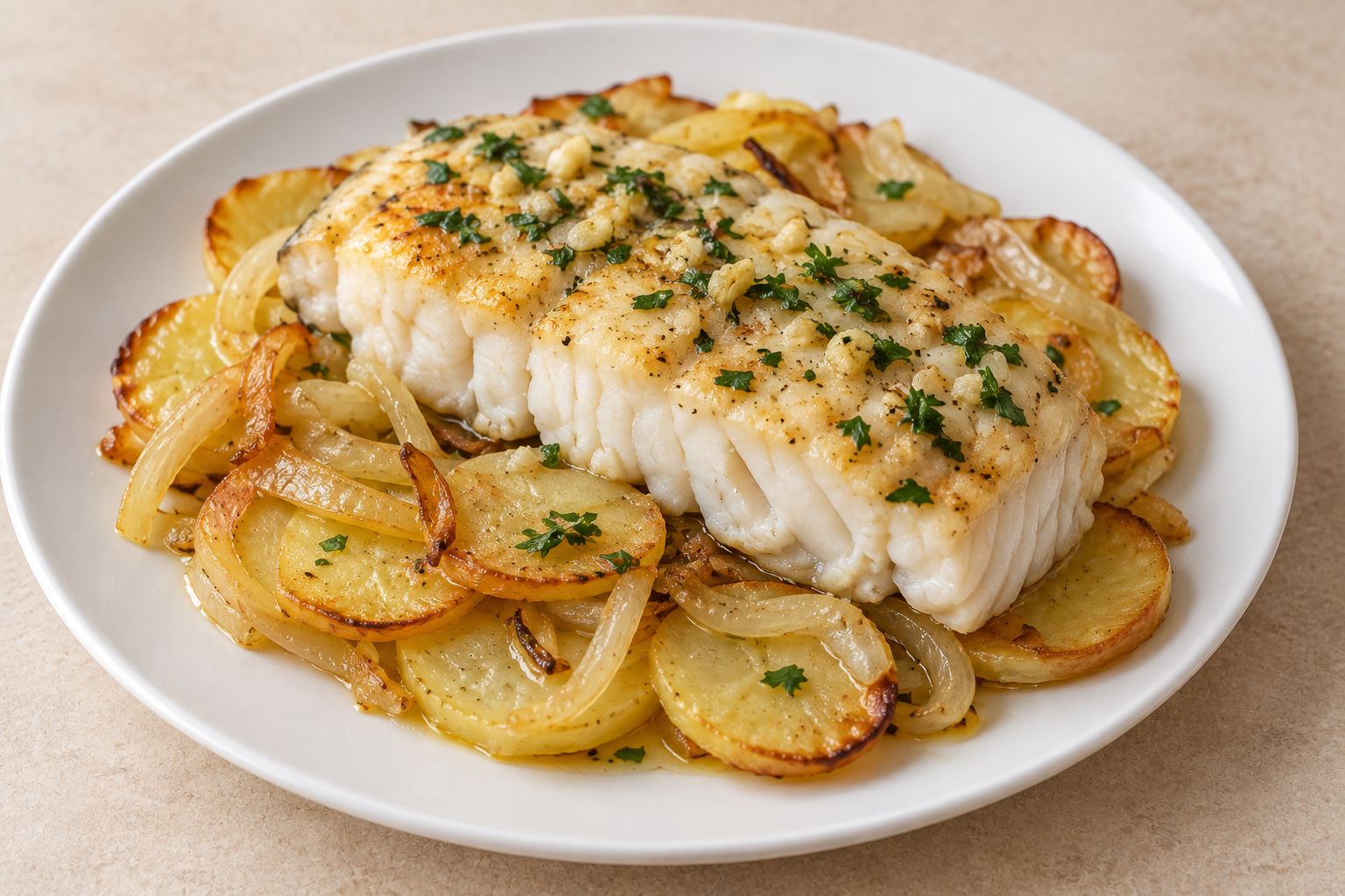 Merluza al horno con patatas y cebolla