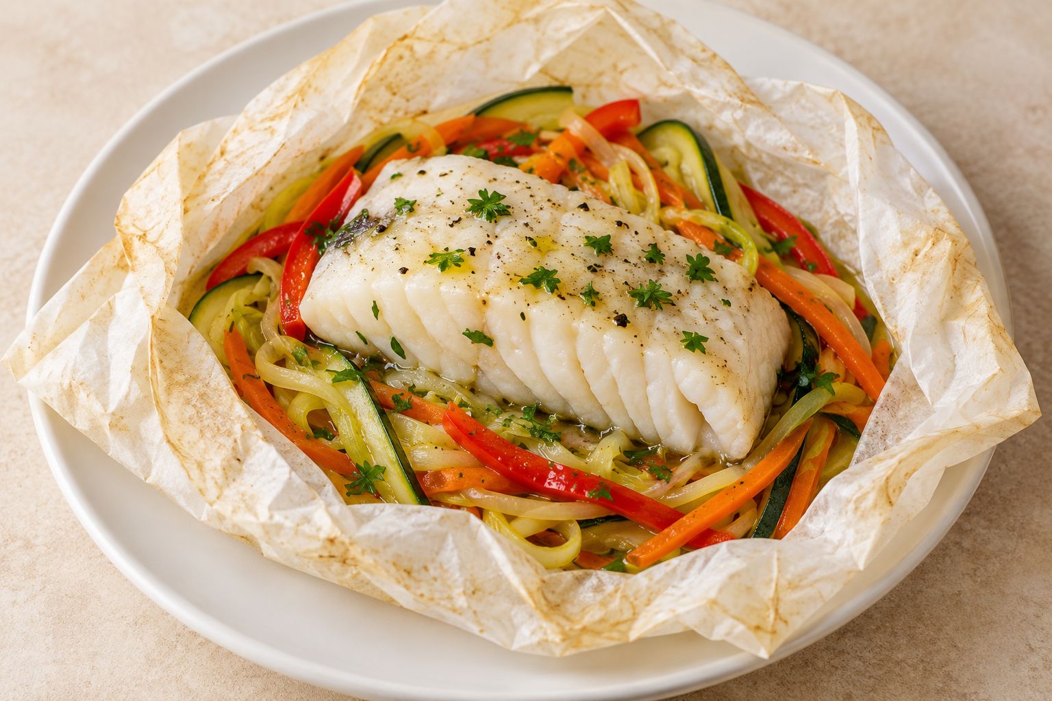 Merluza en papillote con verduras