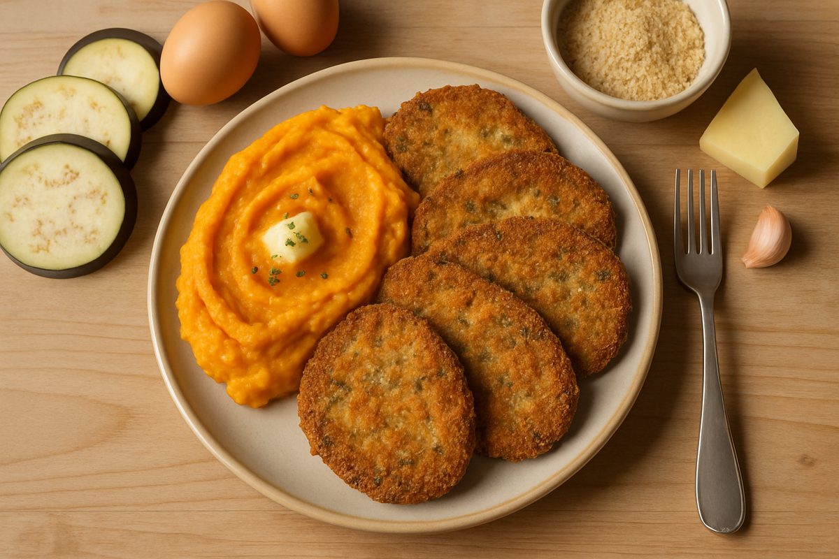 Milanesas de berenjena con puré de calabaza