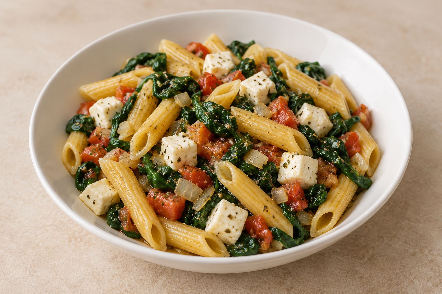 Pasta con espinacas, tomate y queso fresco
