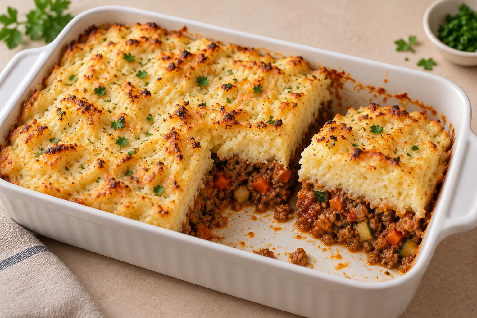 Pastel de carne y patata con verduras