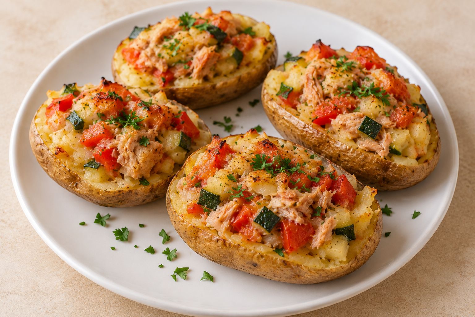 Patatas rellenas de atún y verduras