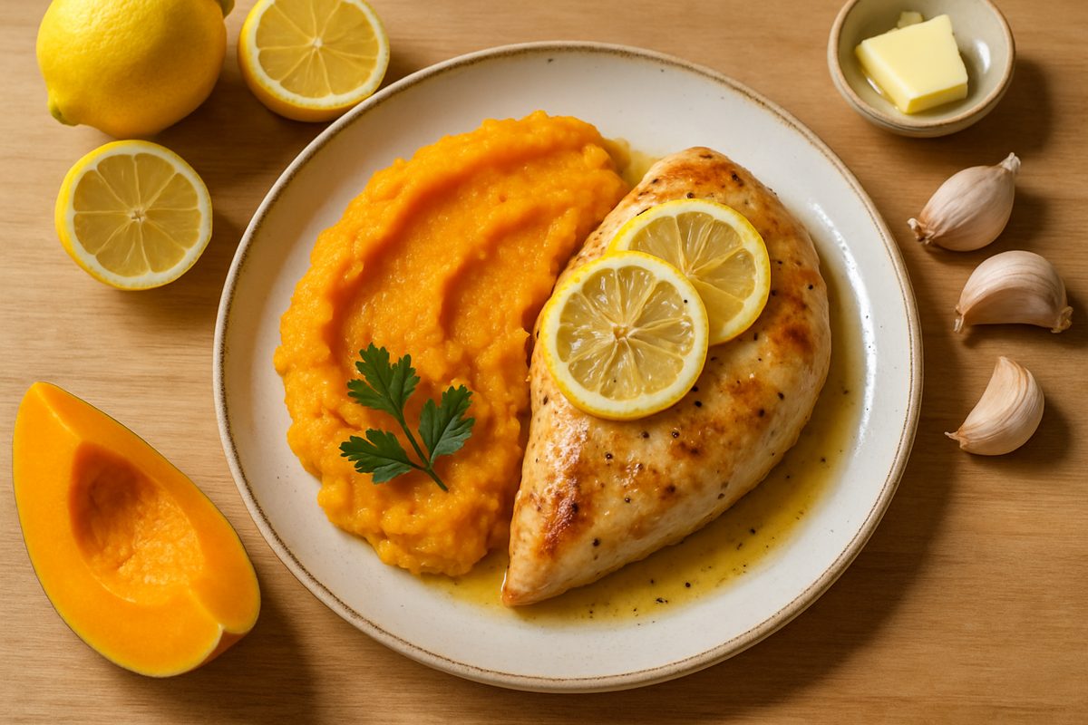 Pechuga al limón con puré de calabaza