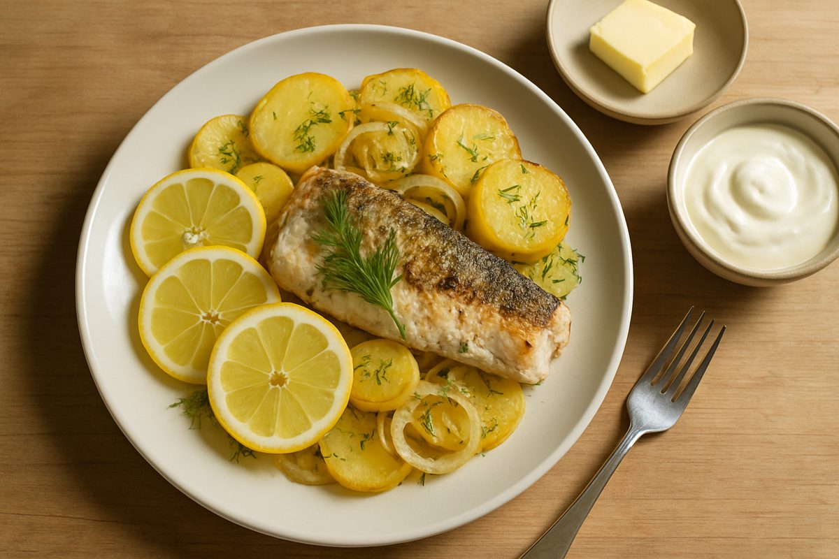 Pescado al horno con eneldo y patatas