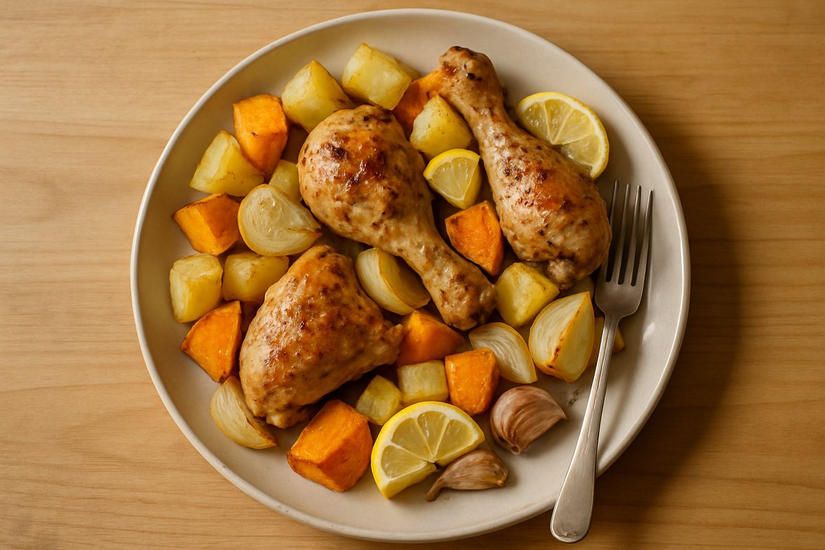 Pollo al horno con papas y batatas