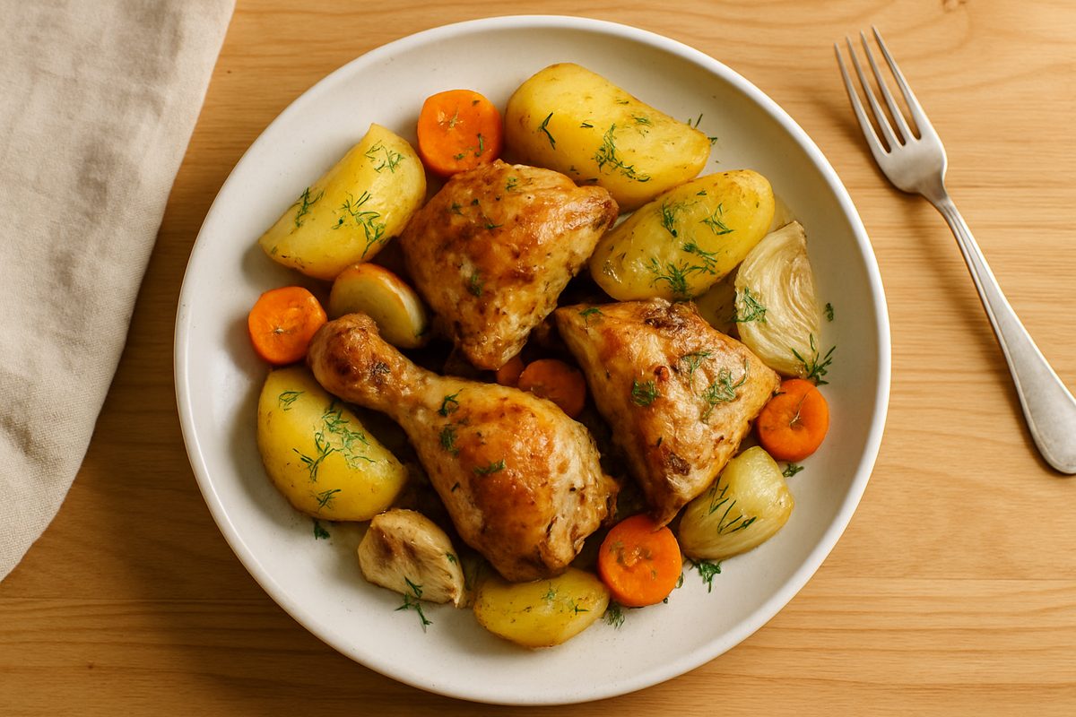 Pollo al horno con patatas y eneldo