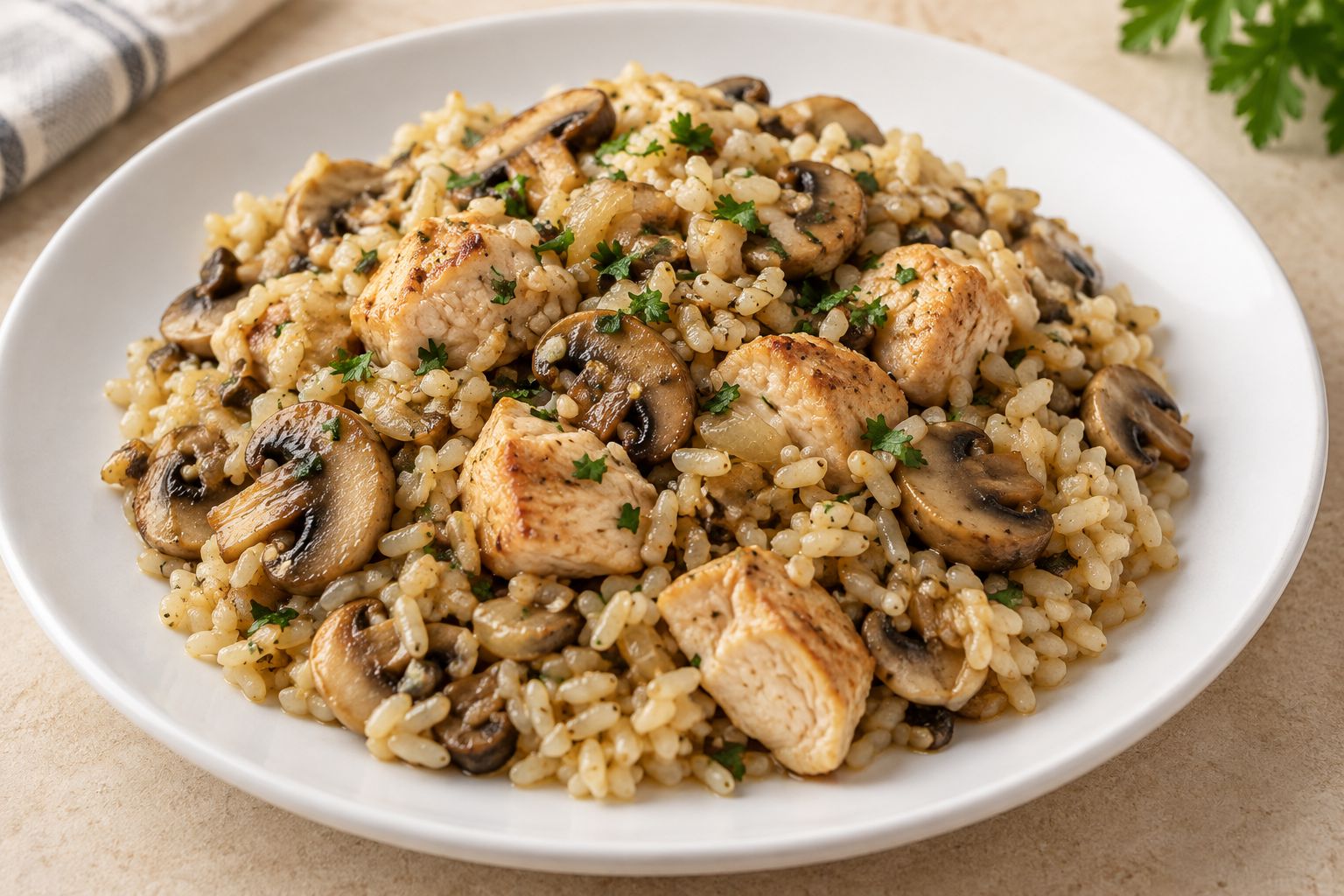 Pollo con champiñones y arroz
