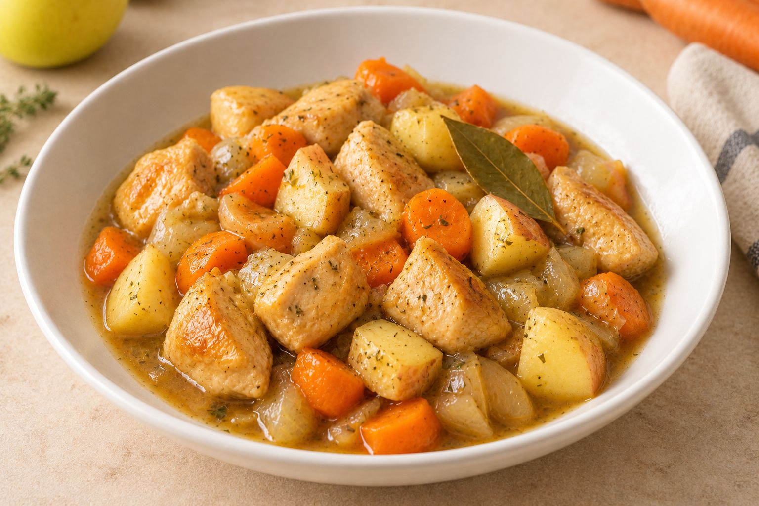 Pollo guisado con manzana y verduras