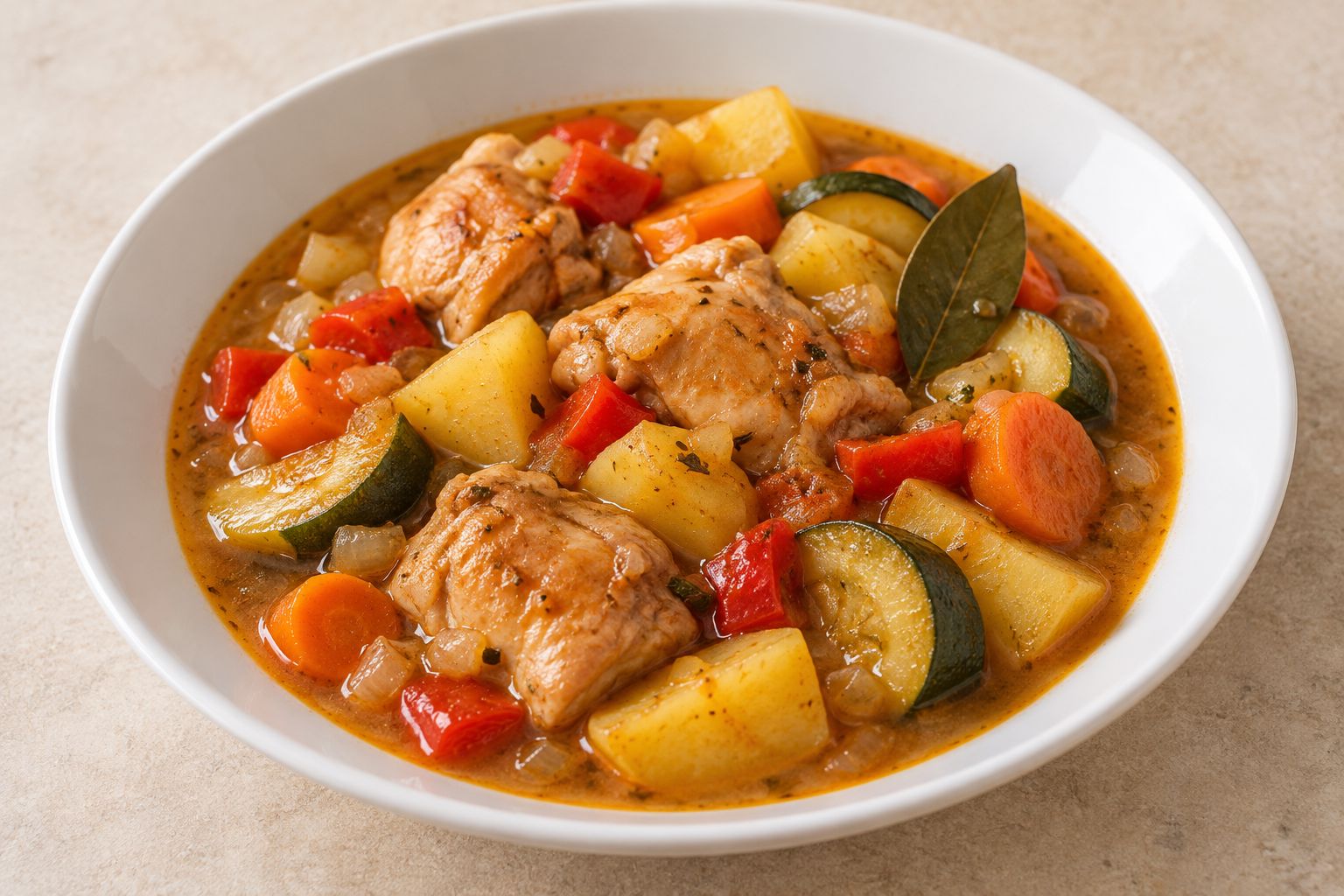 Pollo guisado con verduras y patata