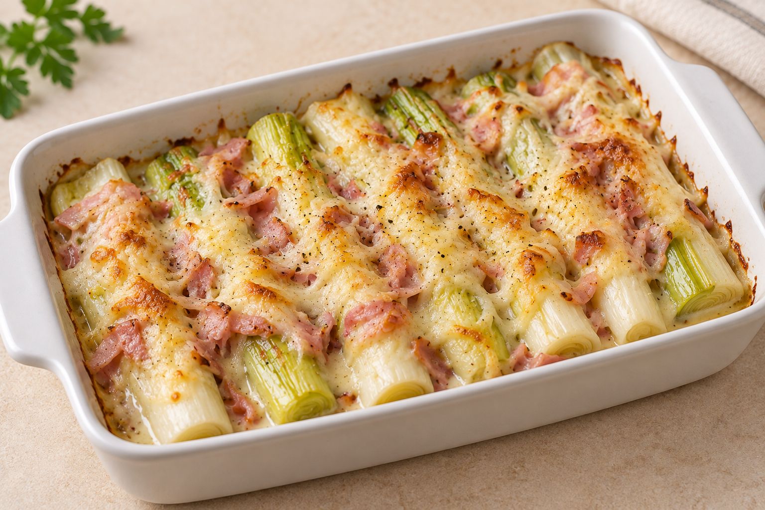 Puerros con jamón y queso al horno