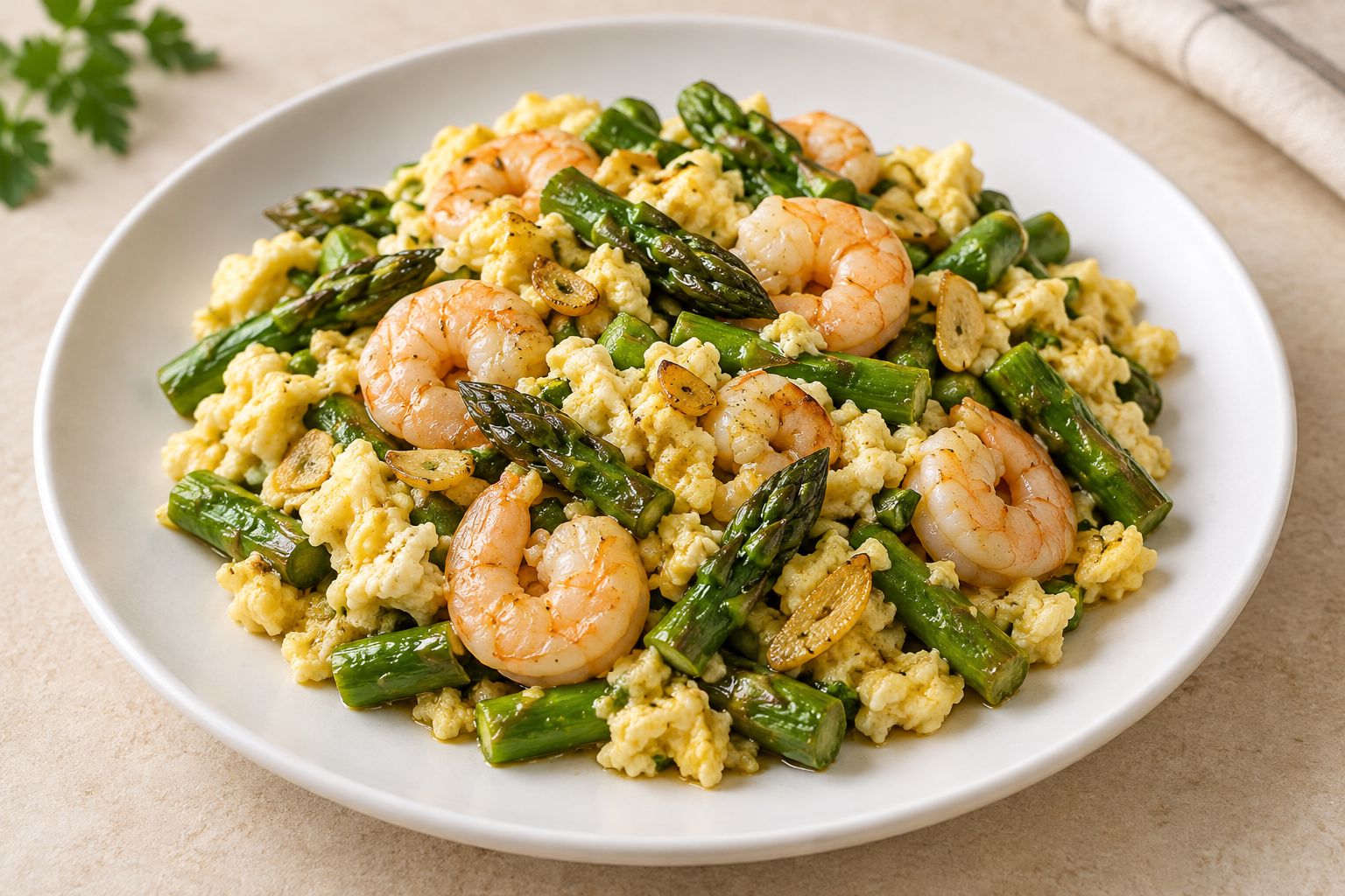 Revuelto de espárragos y gambas