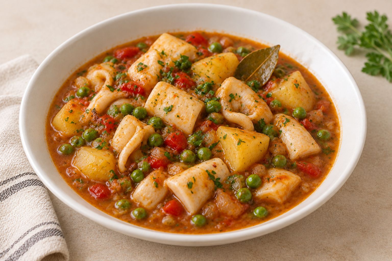 Sepia con patatas y guisantes
