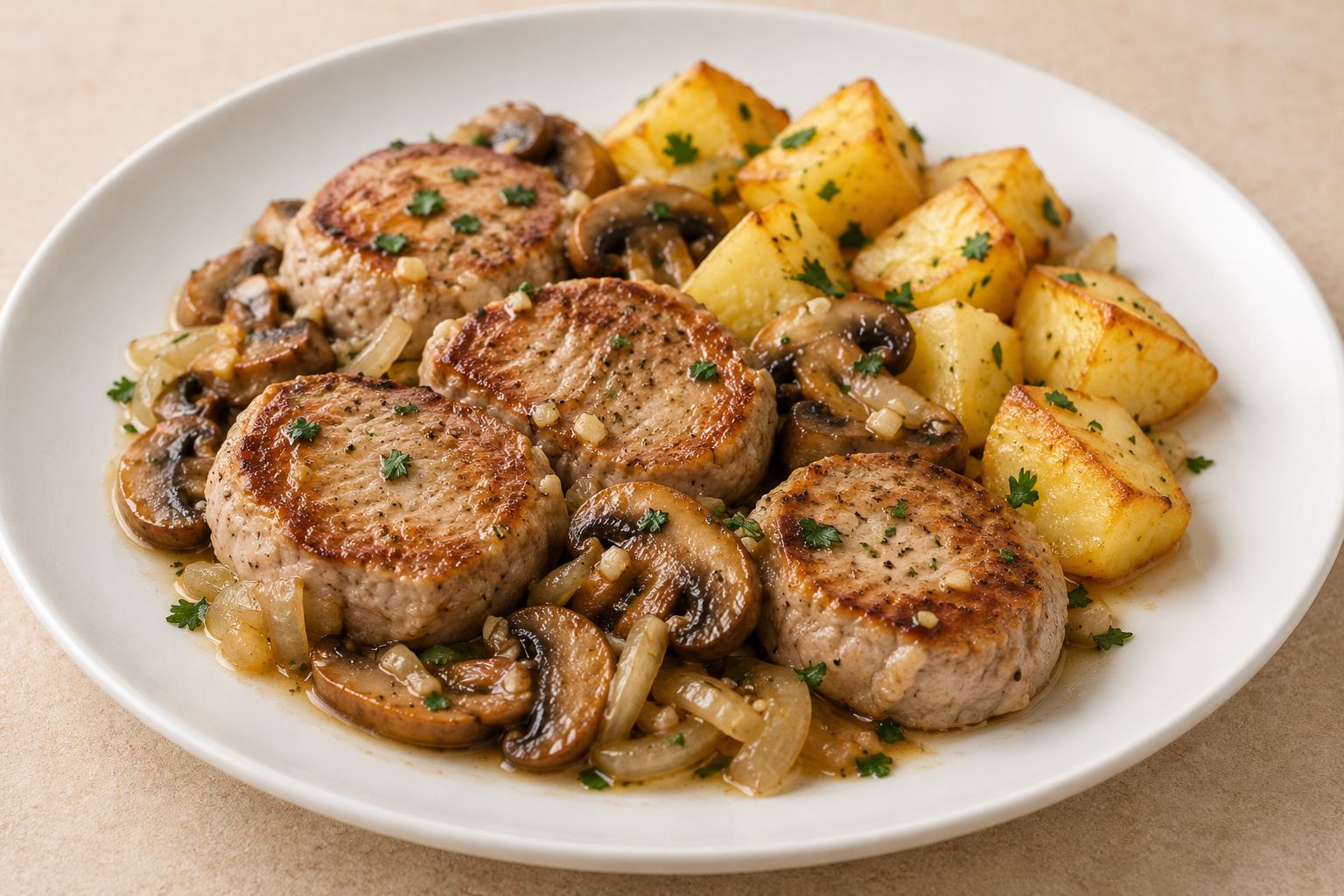Solomillo de cerdo con champiñones y patata