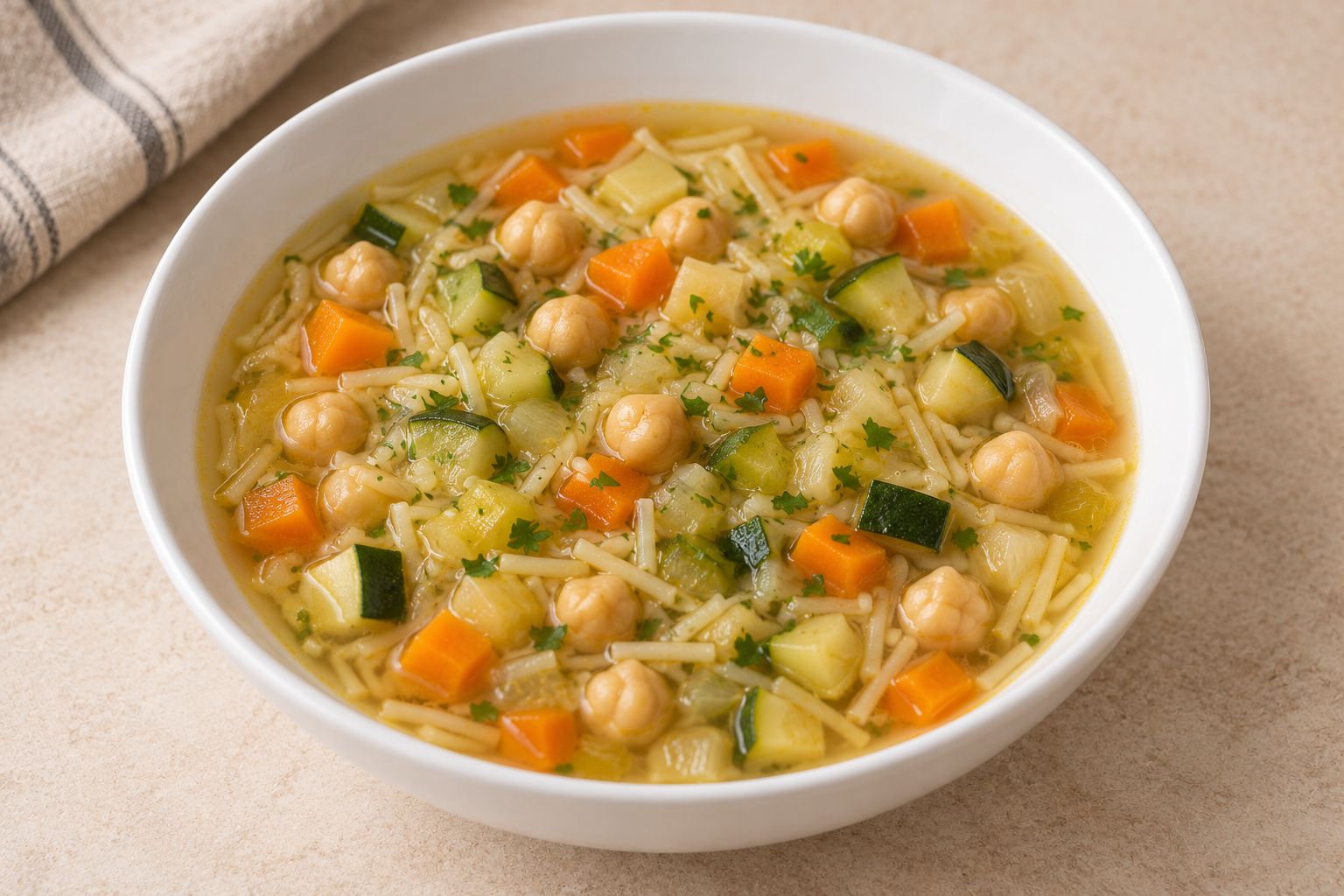Sopa de verduras con garbanzos y fideos