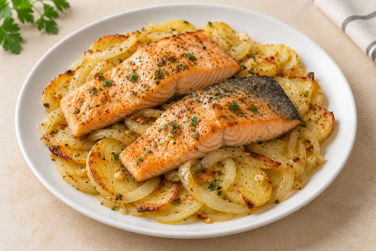 Trucha al horno con patatas y cebolla