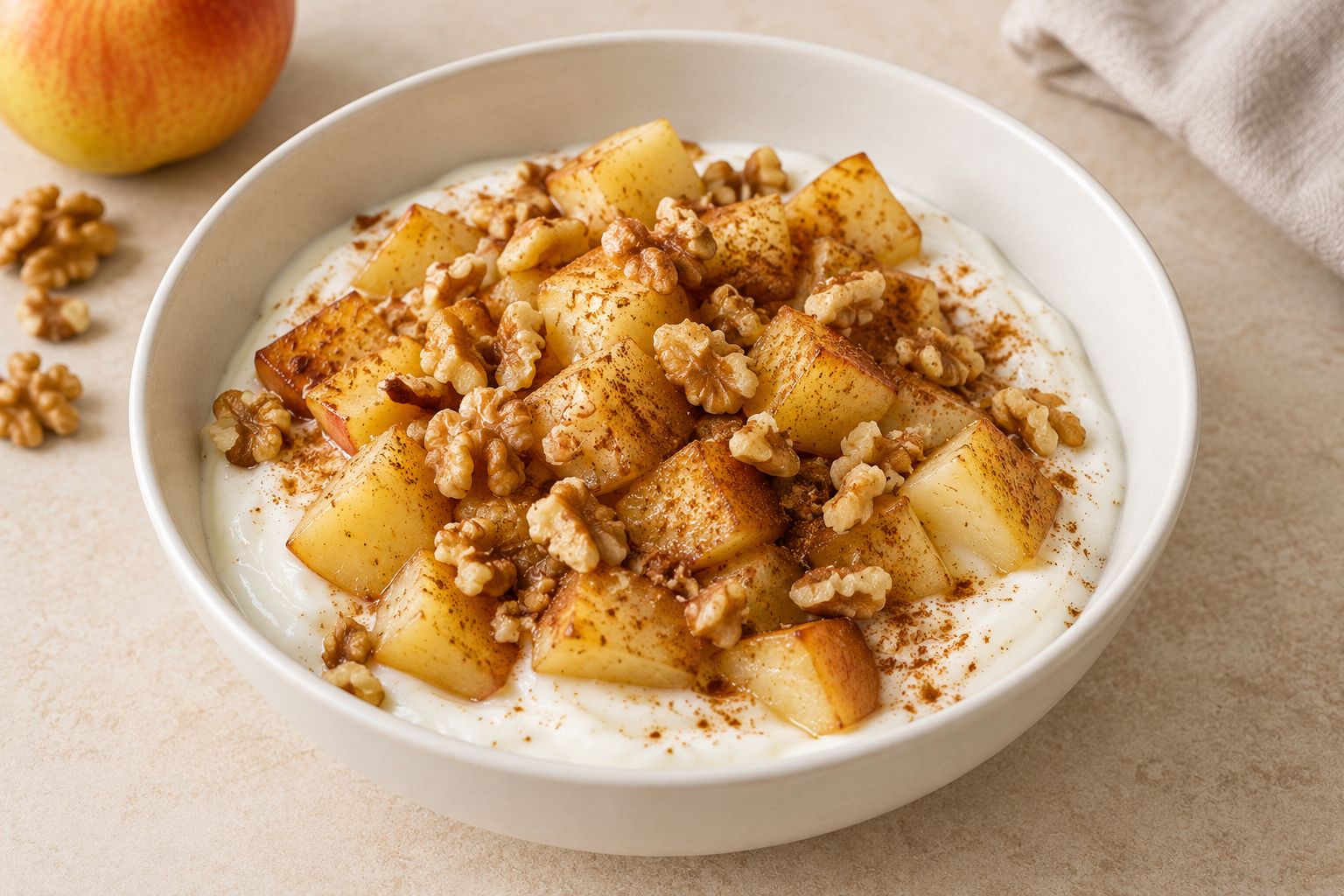 Yogur con manzana asada, canela y nueces